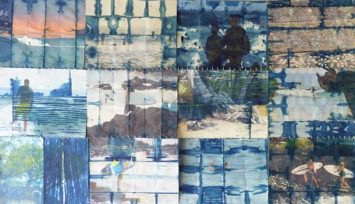 "Banyans" Indigo Surfer Quilt, Annie Seaton, 2016 Mixed Media: Inkjet Prints on Washi Paper, Indigo Dye and Thread 